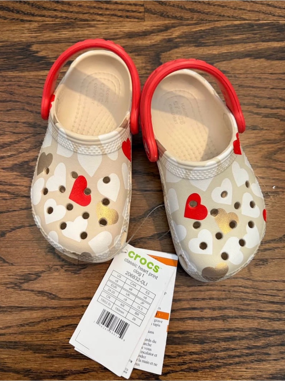 CROCS Kids Classic Heart Print Clog in Beige with Red and Gold Accents